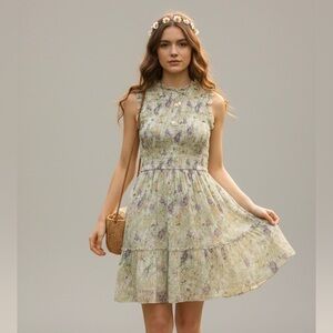 Cottagecore Mini Dress Smocked Bodice Pastel Floral Fairycore Tiered Ruffle